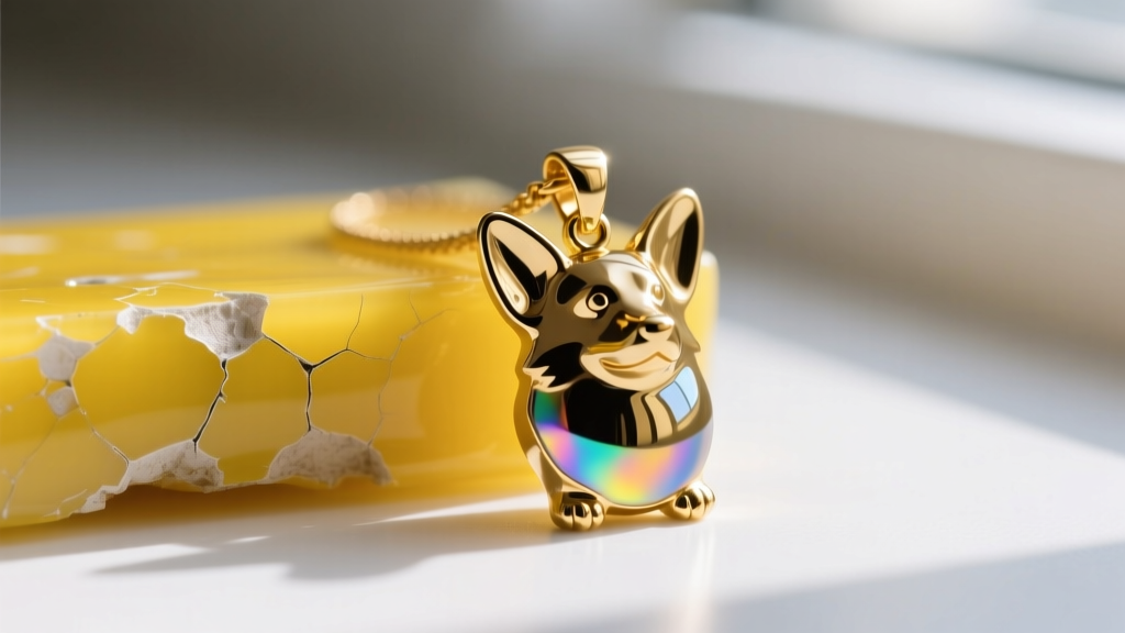Macro photography comparing chipped yellow epoxy resin next to flawless fired glass vitreous enamel on a gold corgi pendant.