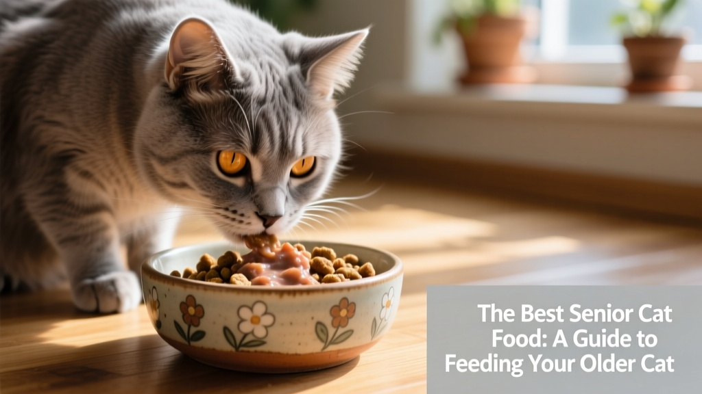 Close-up of a senior cat eating from a shallow ceramic bowl, with visible kibble and wet food mix