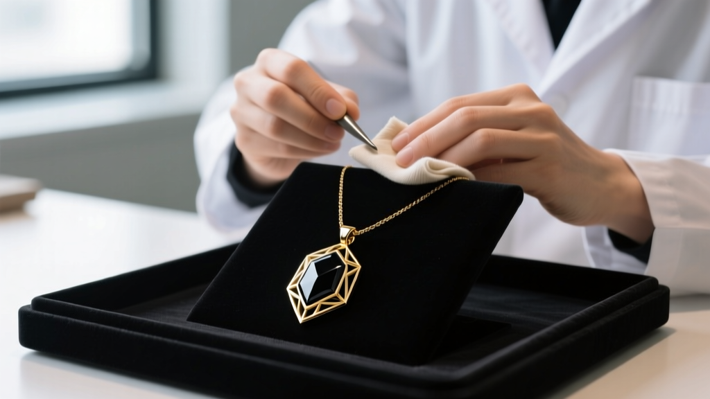 Jeweler using a microfiber cloth to gently polish a black ruthenium-plated gold pendant necklace over a dark velvet display tray.