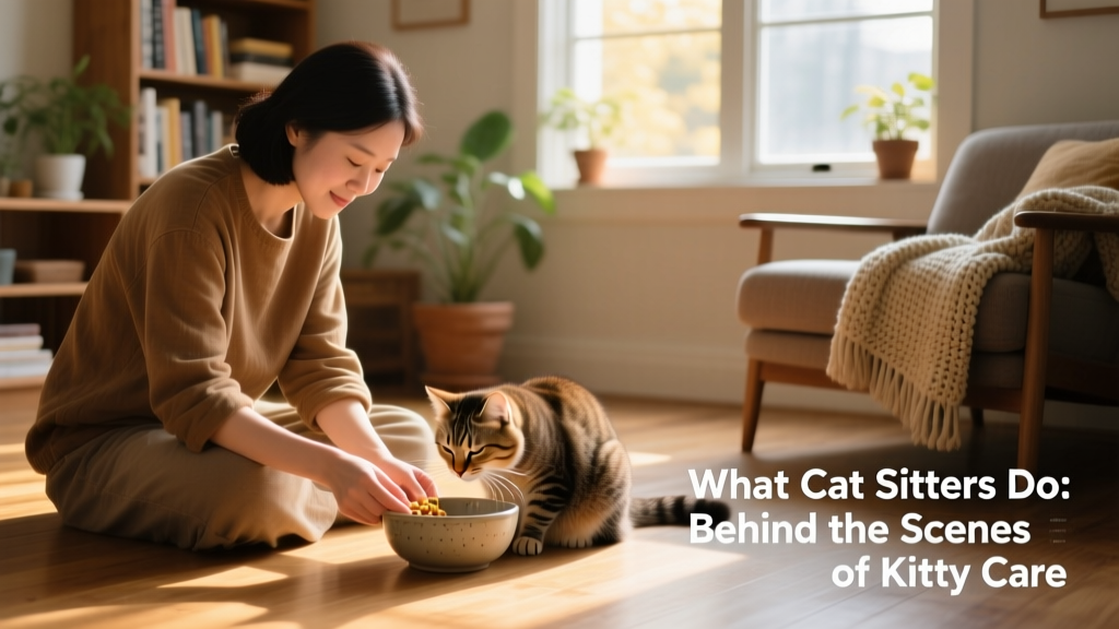 A cat sitter gently feeding a cat from a bowl.