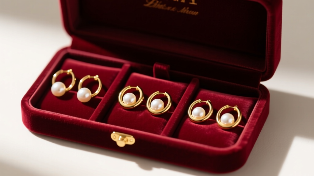 Velvet box displaying gold hoop pearl earrings secured in individual satin slots, photographed from a top-down angle.