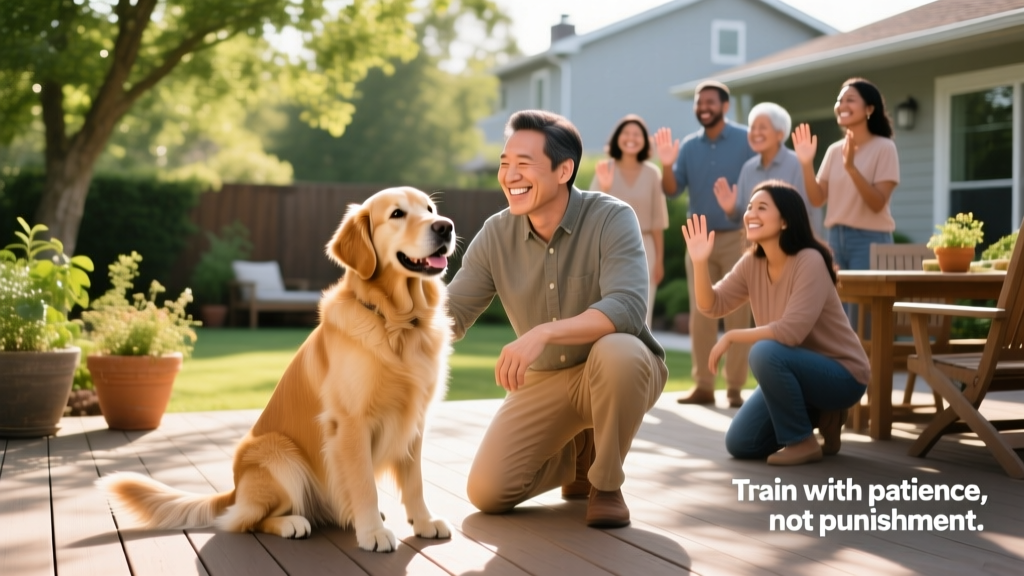 A happy, well-trained dog sitting calmly beside its owner while smiling guests greet them