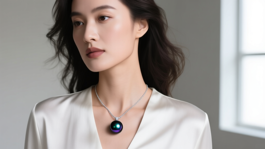 Woman wearing a single Tahitian black pearl pendant on a delicate chain contrasting against a crisp white silk blouse neckline