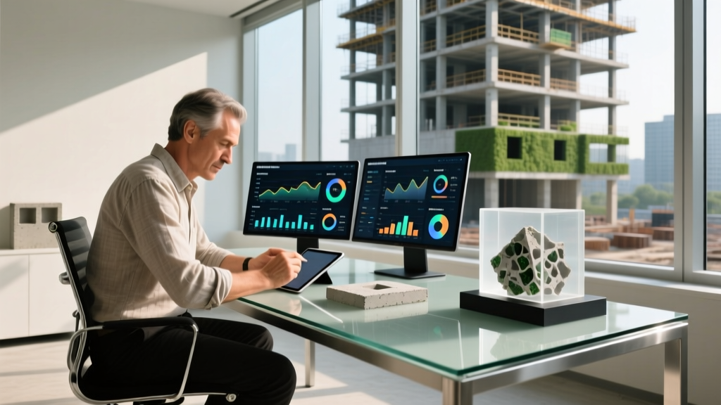 Architect reviewing digital material supply chain dashboards and physical low-carbon concrete samples on a modern construction site office desk