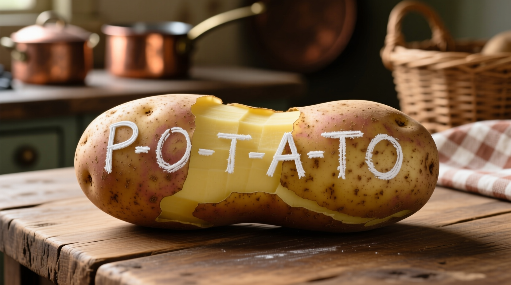 Potato spelling demonstration showing P-O-T-A-T-O formation