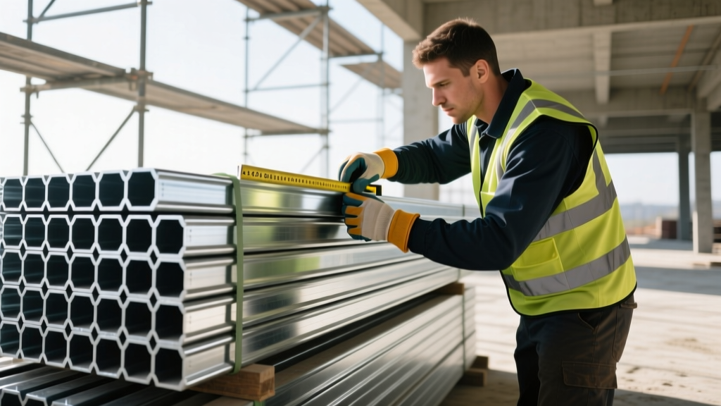 Contractor measuring and selecting 3-5/8 inch galvanized steel framing studs from a bundled stack in a commercial construction site