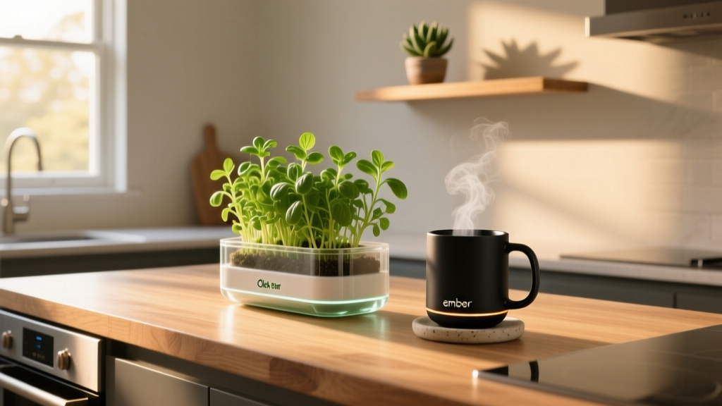 A modern kitchen counter featuring a Click and Grow smart garden next to an Ember smart mug, bathed in warm morning sunlight through a window