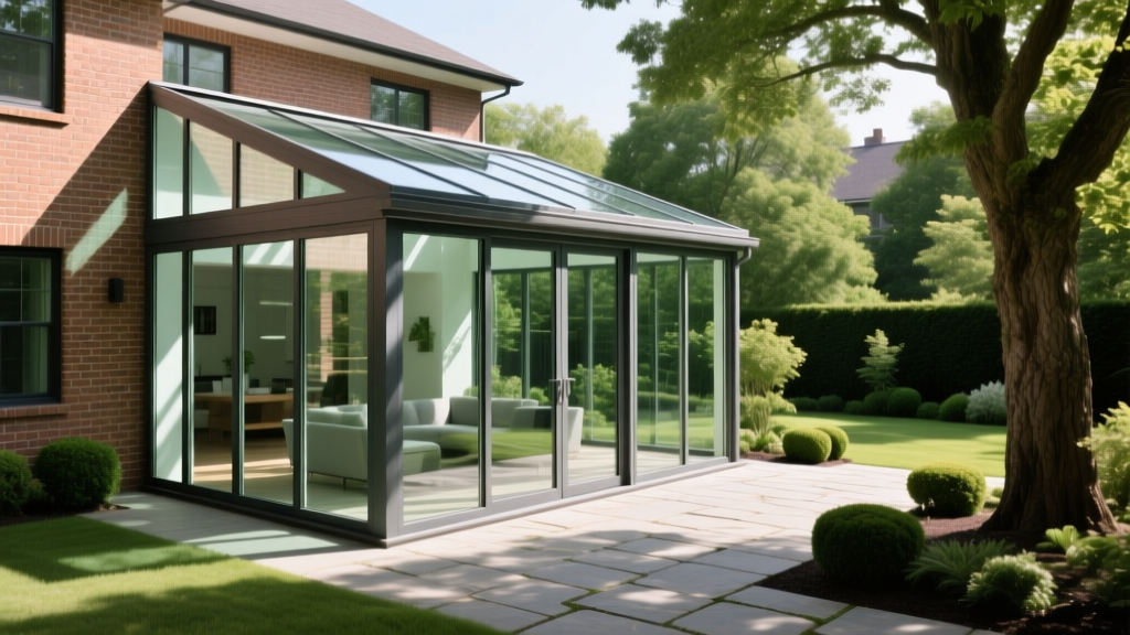 Modern four-season glass sunroom with thermally broken aluminum framing and low-E glazing extending from a brick home into a lush backyard