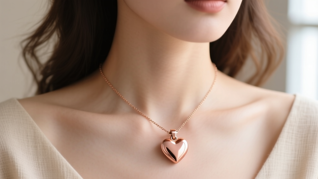 Rose gold magnetic heart pendant on a delicate chain, showing the seamless clasp connection resting against a woman's collarbone.