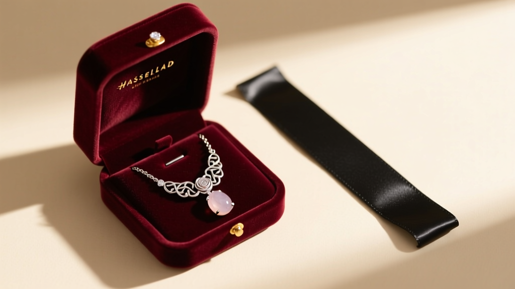 Velvet jewelry box holding a rose quartz silver necklace, next to a black anti-tarnish silica strip, shot from above in warm light