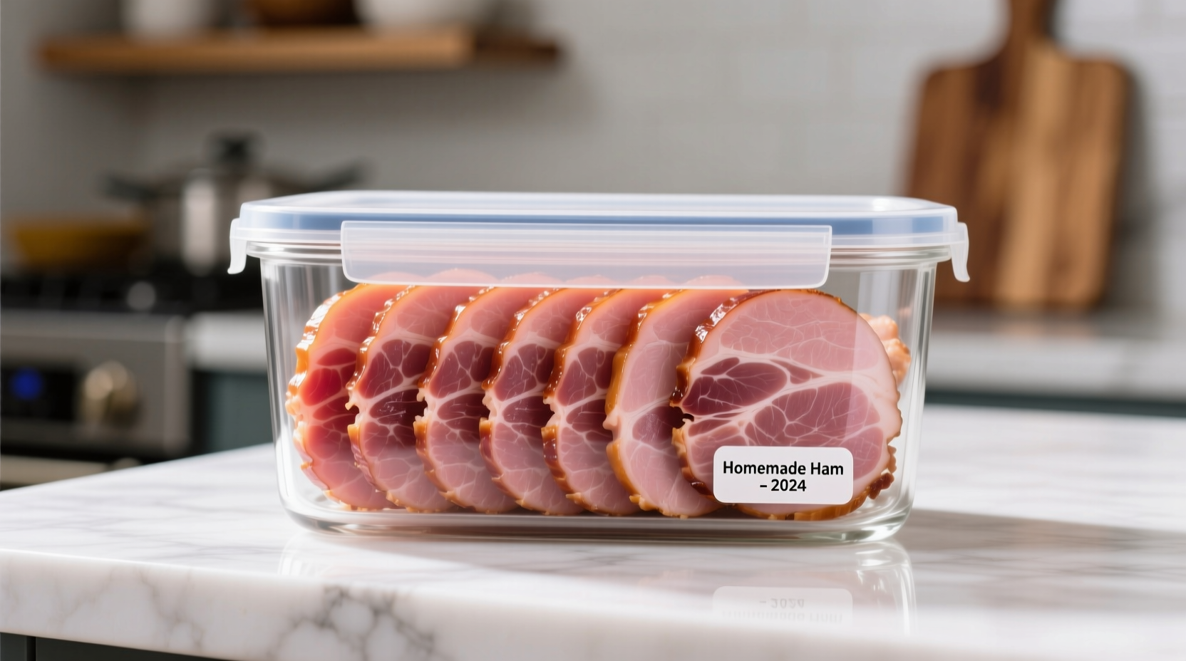 Cooked ham slices in airtight container