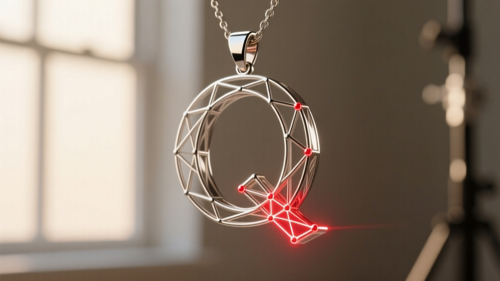 Jewelry CAD wireframe of a sans-serif letter Q pendant, with red stress-point indicators glowing on the lower diagonal tail joint