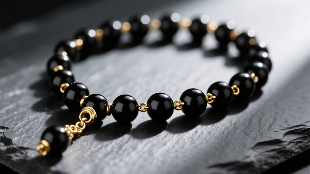 Close-up of a mens rosary necklace with 8mm matte black onyx beads and 14k gold spacer chains resting on dark slate