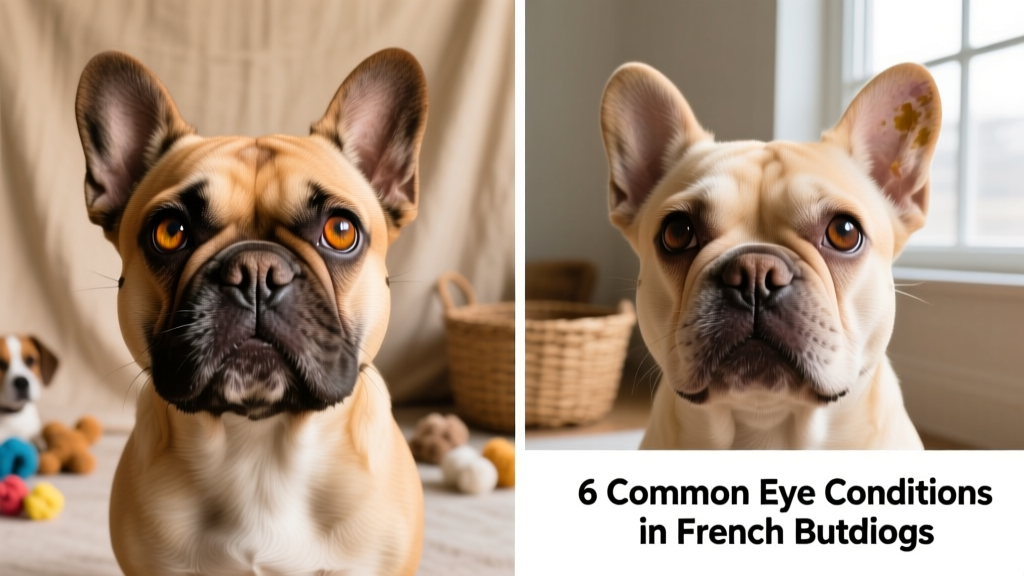 Side-by-side comparison showing a healthy French Bulldog eye versus one with mild pigmentary keratopathy (subtle brown haze near corneal edge)