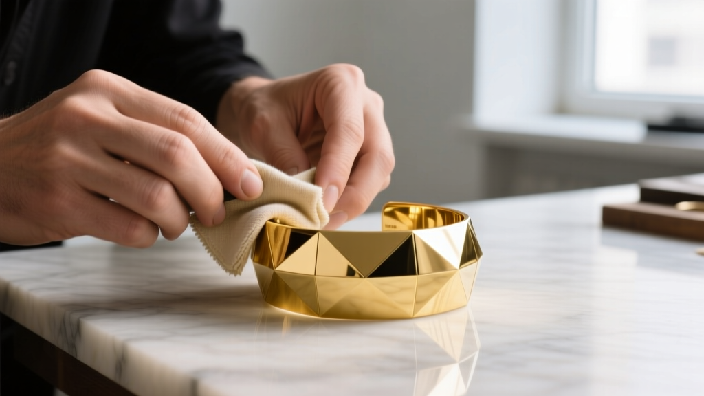 Jeweler using a soft polishing cloth to restore the original luster of a heavy 1980s 18k yellow gold geometric cuff bracelet