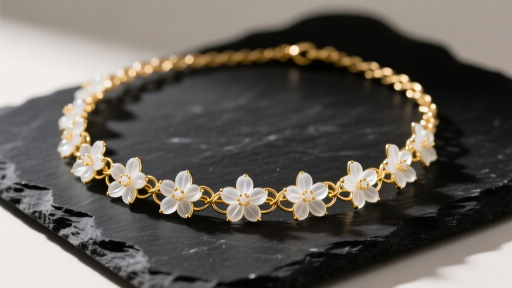 Delicate gold-filled flower lei necklace on dark slate, featuring resin-encased small white blooms and fine wire-wrapped links.