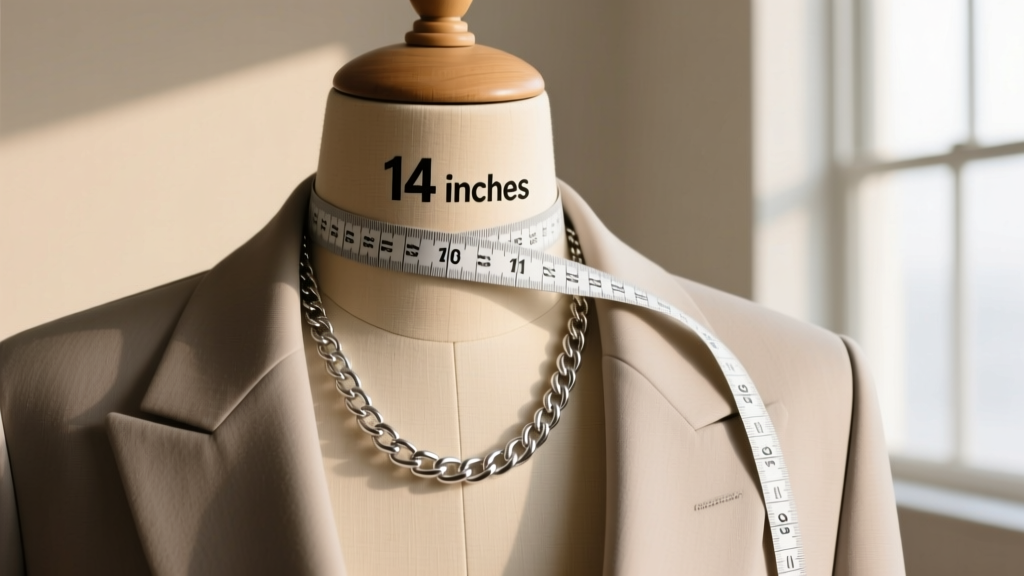 Tailor measuring tape wrapped around a mannequin neck showing 14 inches, with a 16-inch sterling silver chain layered over it