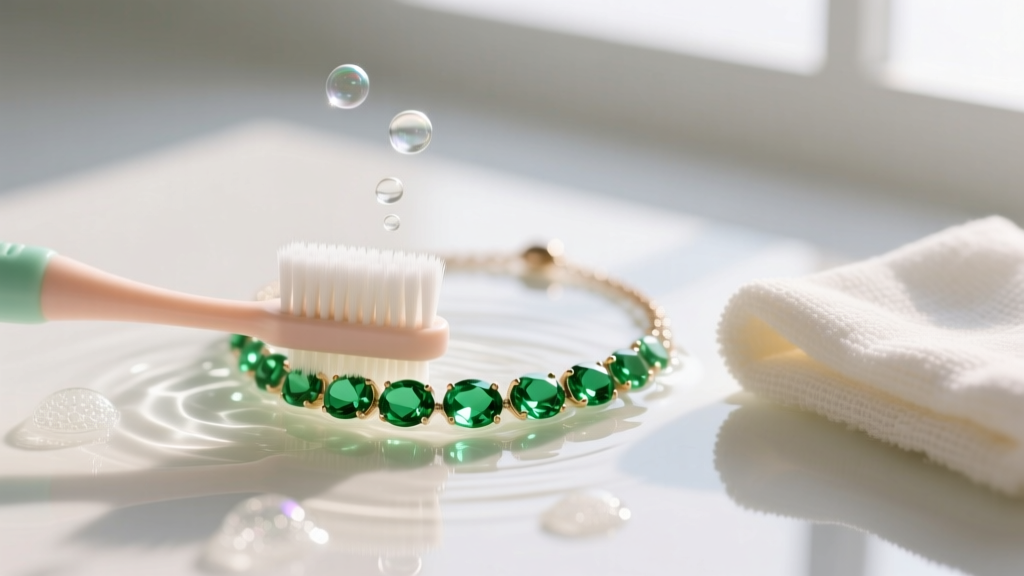 A soft baby toothbrush scrubbing a peridot tennis necklace submerged in warm soapy water, with a microfiber cloth resting nearby