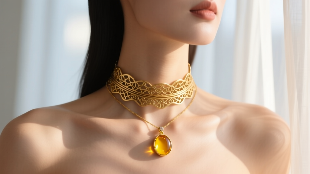 Woman wearing a layered cherry gold choker and yellow gold pendant, showing contrasting warm tones against her bare collarbone.