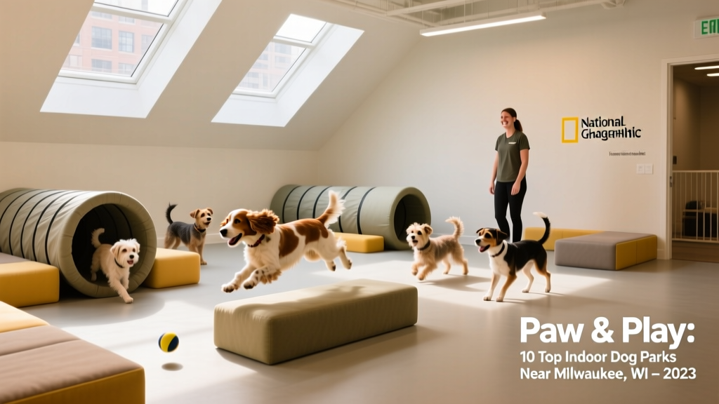 Bright, clean indoor dog play area with tunnels, soft obstacles, and dogs playing under supervision