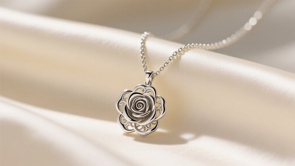 Delicate silver rose pendant necklace with a 16-inch box chain on cream silk, emphasizing romantic gifting and soft textures