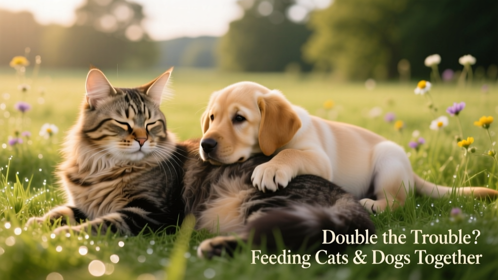 A long-haired tabby cat resting on grass while a Labrador puppy rests its head and paw gently on her side