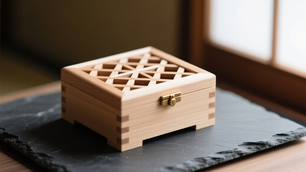 Handcrafted pale Paulownia wood jewelry box with intricate kumiko lattice lid detail, resting on dark slate in soft natural light.