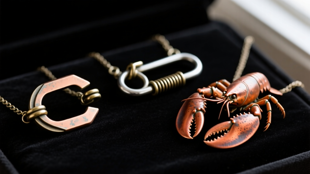 Close-up of three vintage necklace clasps including a C-clasp, a trombone clasp, and a lobster claw resting on a dark velvet pad