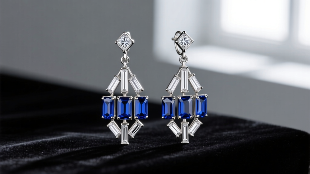 Elegant platinum art deco chandelier earrings featuring baguette diamonds and calibre-cut sapphires resting on black velvet