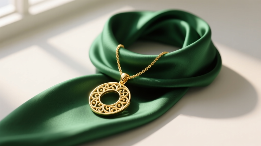Flat lay of an 18k gold vermeil scarf pendant necklace resting on a folded emerald green silk twilly, soft morning light, macro