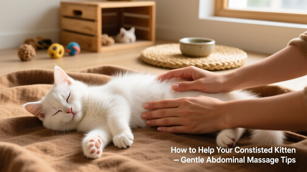 Kitten gently receiving abdominal massage with warm hands to stimulate digestion