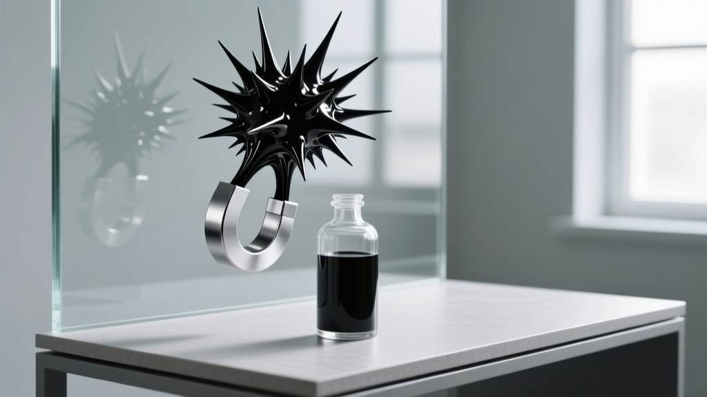Silver neodymium magnet pulling black spiky ferrofluid up the glass wall of a display bottle on a modern standing desk.