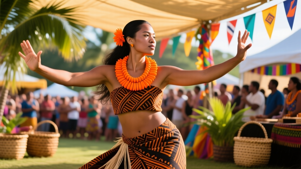 Samoan dancer wearing a bright orange ula fala necklace over traditional tapa cloth during a vibrant outdoor cultural festival