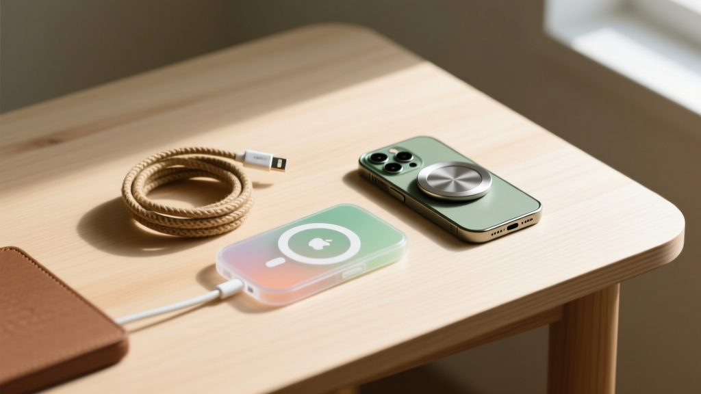 Flat lay of eco-friendly phone accessories including a hemp charging cable, bioplastic MagSafe wireless charger, and recycled aluminum grip on a wooden desk