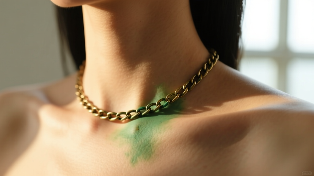 Close-up of a collarbone showing a faint green stain from a cheap brass chain necklace, illuminated by soft natural window light