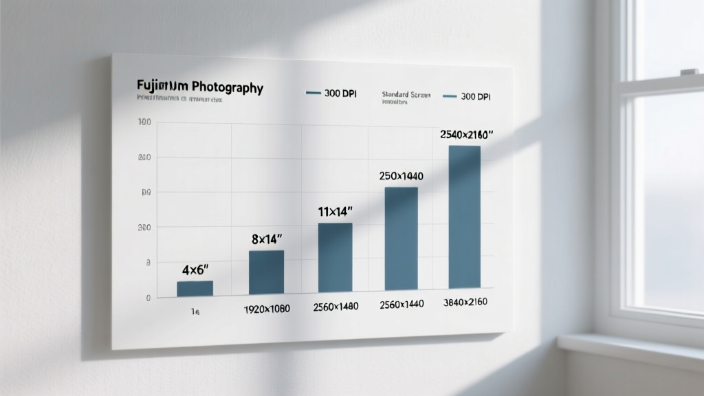 Resolution requirements chart showing pixel dimensions needed for common print sizes at 300 DPI and screen sizes at various pixel densities
