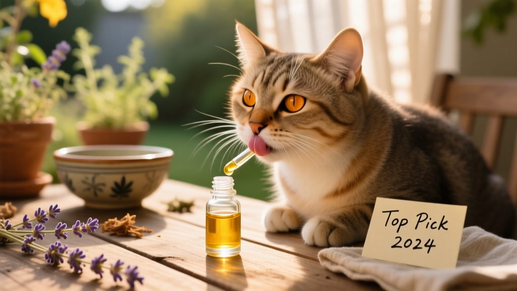 Close-up of a calm, relaxed cat gently licking a small drop of golden CBD oil from a dropper