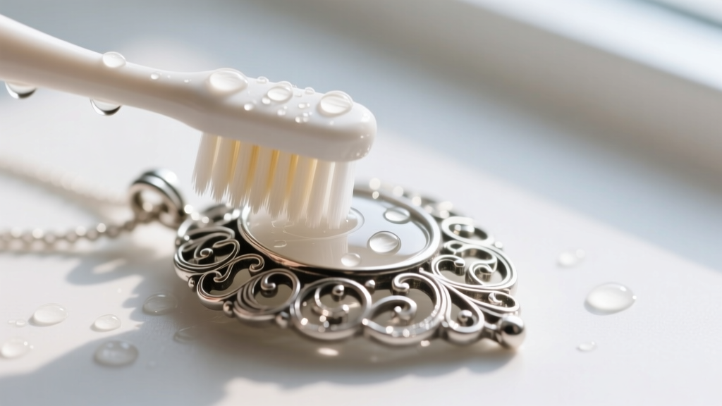 Macro shot of a soft-bristled toothbrush gently cleaning the deep crevices of a silver filigree pendant with mild soapy water.