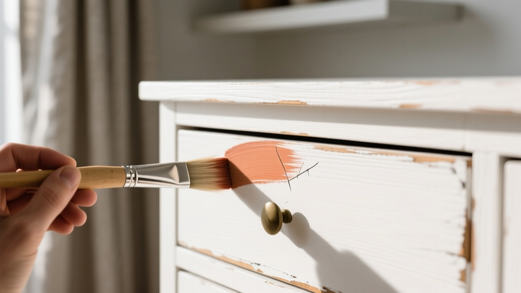 Close-up of fine brush applying matching chalk paint to a scratched corner of a white hand painted wooden jewelry armoire drawer.