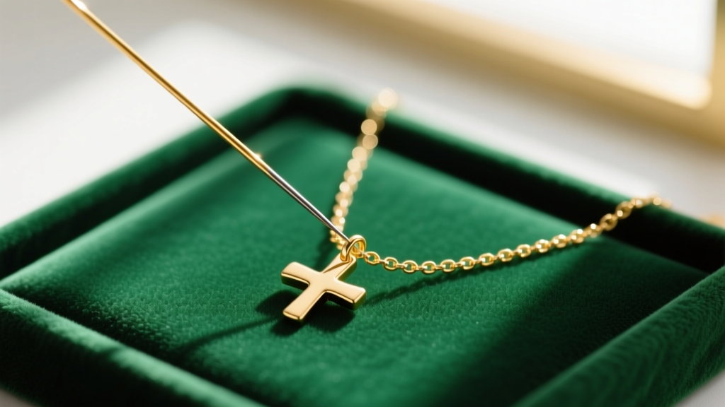 Fine needle untangling a delicate gold box chain on a cross heart necklace pendant, resting on a green jeweler's felt pad.