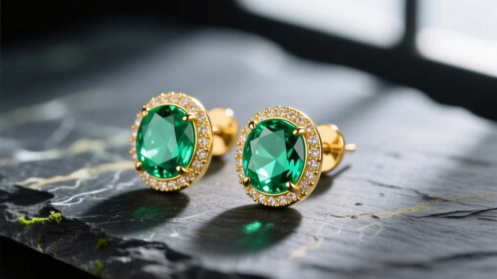 Close-up of 18k yellow gold bezel-set chrysoprase stud earrings resting on raw dark slate under soft natural morning light