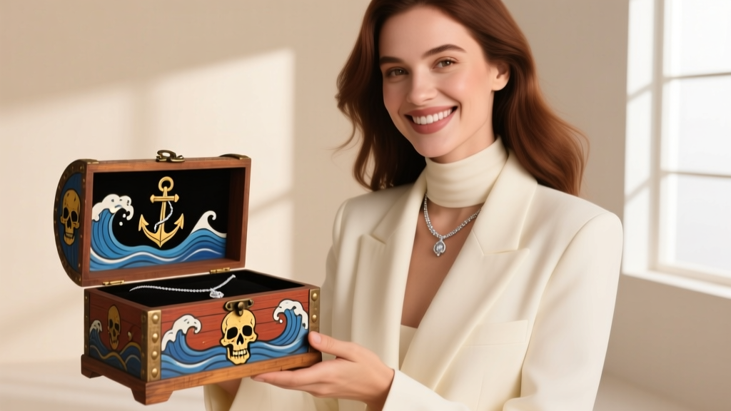 Smiling woman receiving a hand-painted pirate chest jewelry box gift, with a silver necklace draped over the rustic wooden edge.