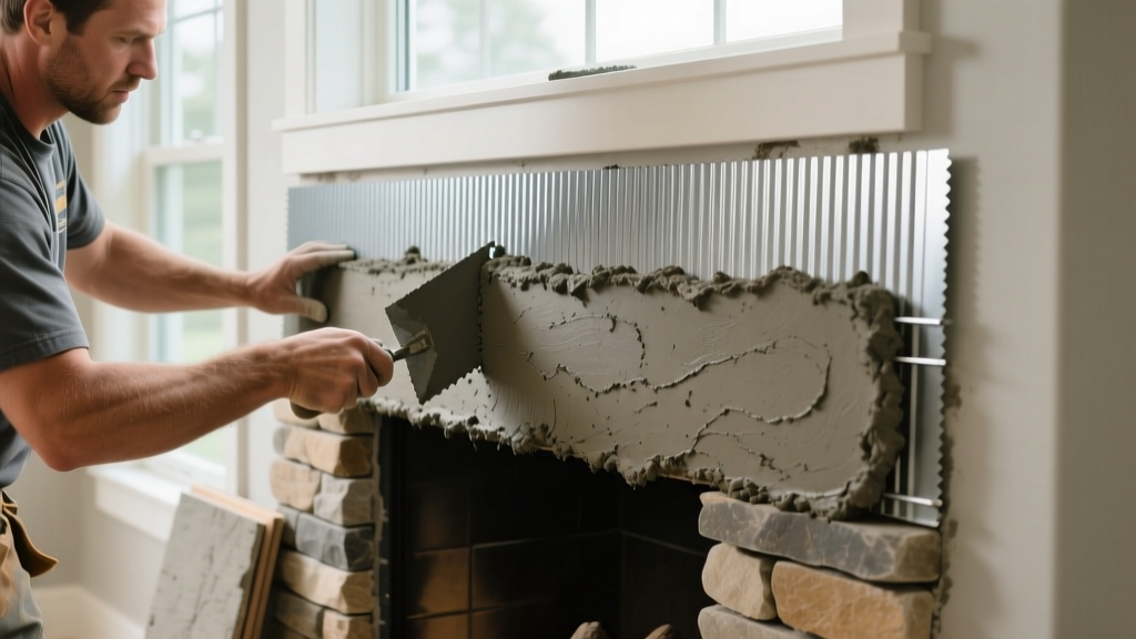 Mason applying wet Type S mortar to metal lath on a fireplace surround before installing stacked stone veneer panels
