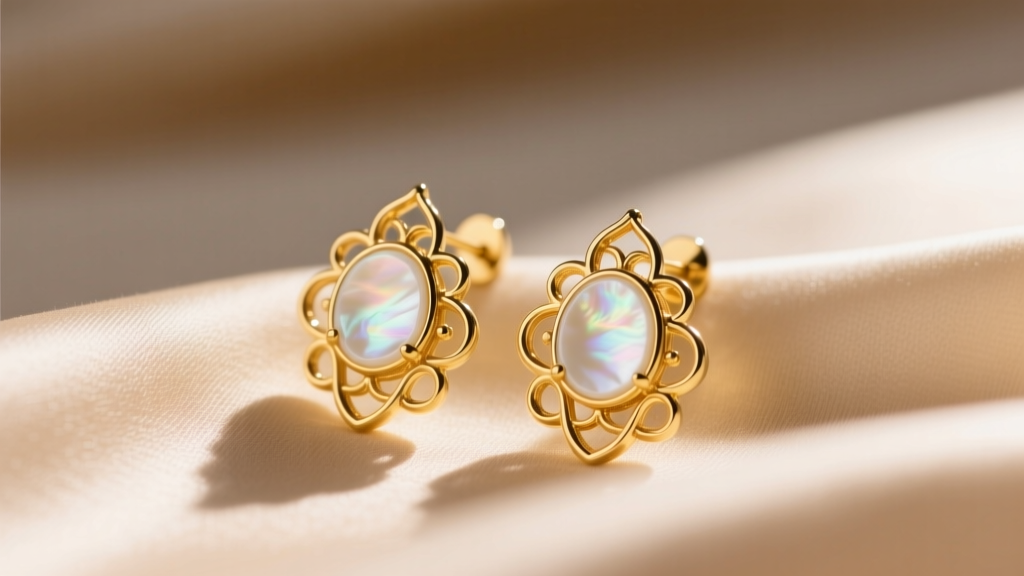 Close-up of 18k yellow gold VCA Sweet Alhambra earrings with white mother-of-pearl inlay, resting on soft beige silk.