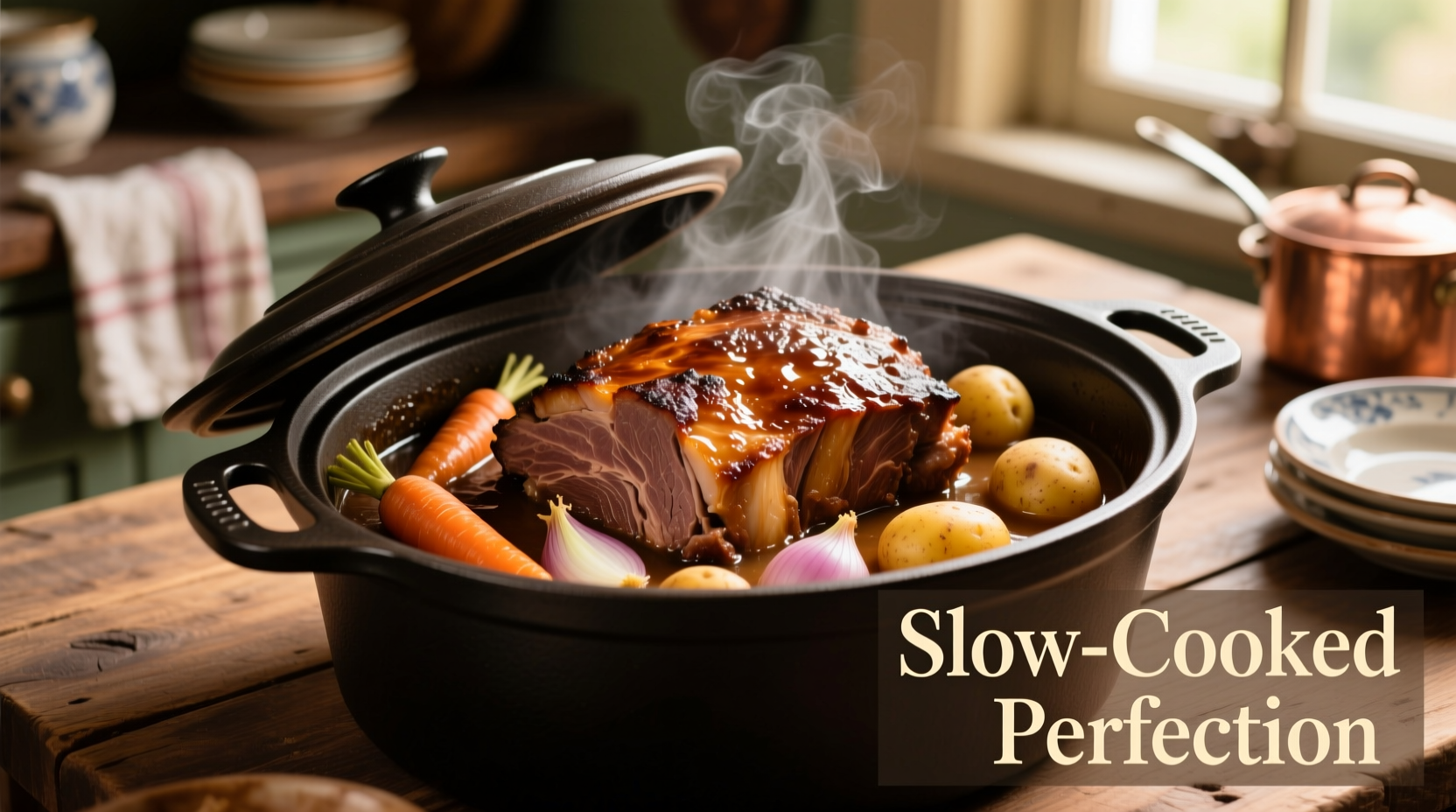 Perfectly cooked chuck roast with vegetables in crock pot