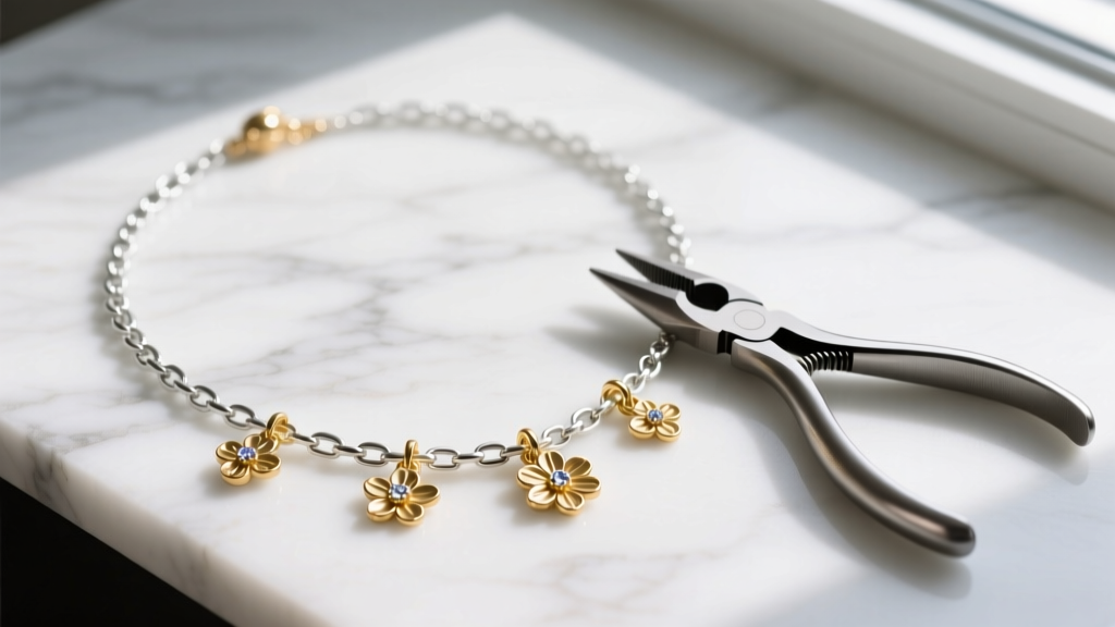 Flat lay of a DIY charm necklace project featuring a sterling silver rolo chain, gold vermeil charms, and jewelry pliers on marble