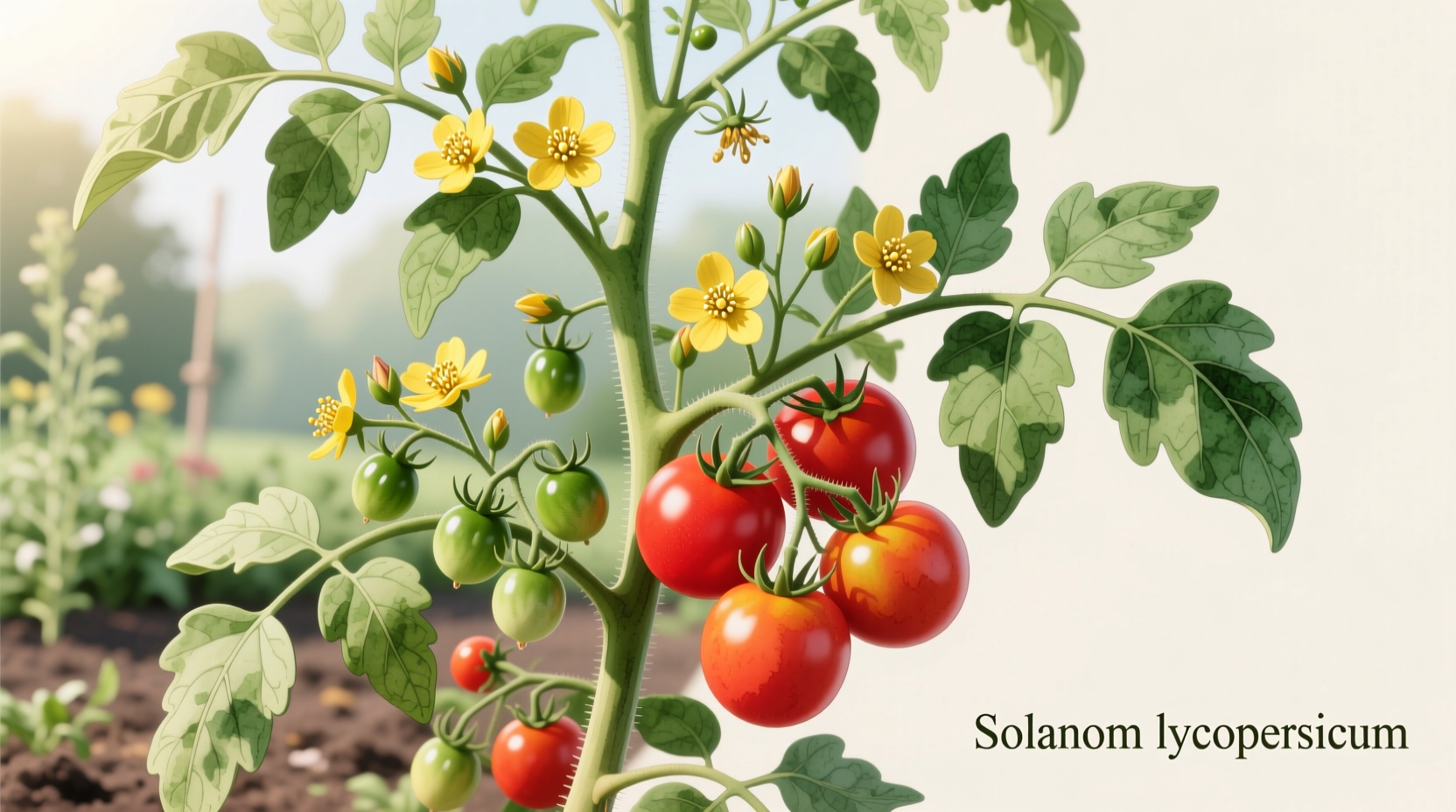 Tomato plant showing flowers and fruit