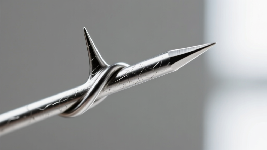 Macro shot of 14-gauge silver wire thorns tapering to blunted 18-gauge tips, showing work-hardened metal texture and high polish