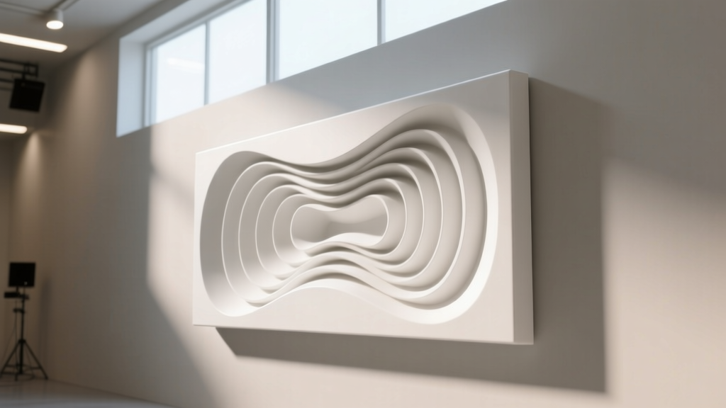 White 3D printed acoustic diffuser mounted on a studio wall, featuring varying depth wells designed to scatter mid-high audio frequencies.