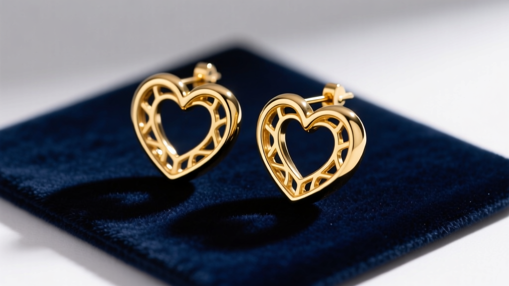 Close-up of 14k yellow gold heart hoop earrings resting on a dark velvet mat, illuminated by soft directional studio lighting.